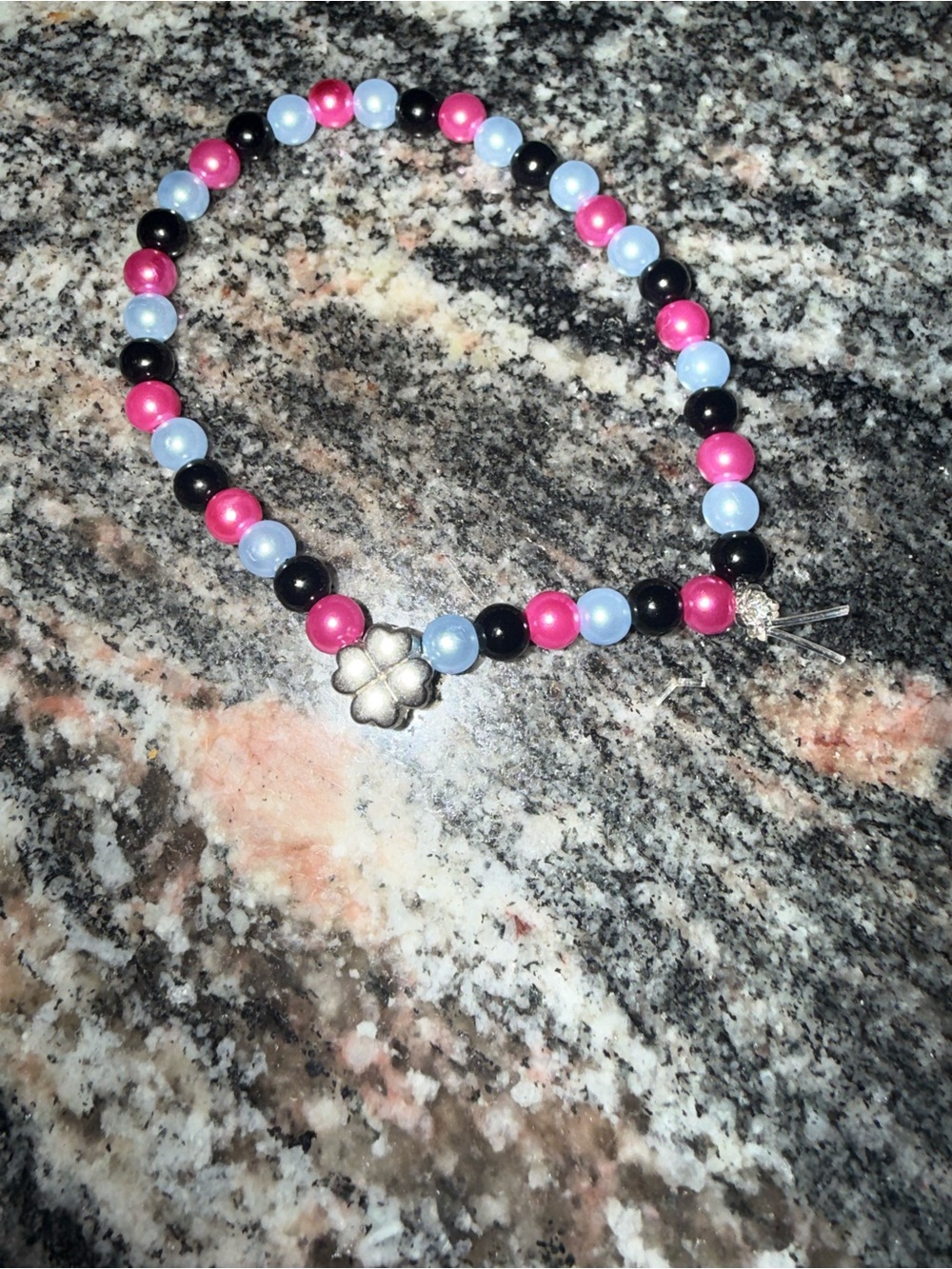 Handmade Pink, Light Blue & Black Beaded Bracelet with Silver Flower Charm